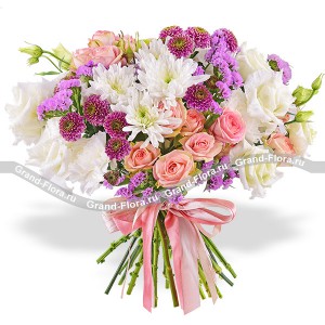 Улыбка весны - букет с кустовыми розами и хризантемами